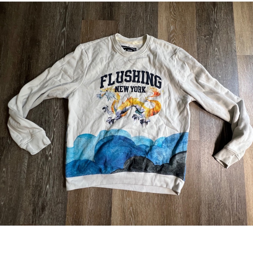 Blind Rooster Sweatshirt Mens Large White Flushing New York Dragon Graphic Print